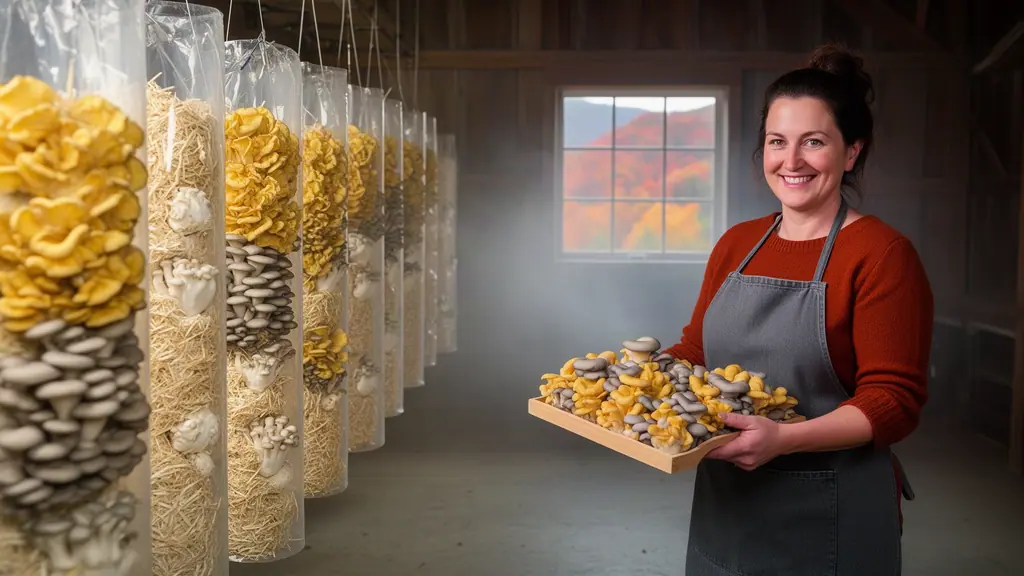 A smiling mushroom grower holding a tray of golden and gray oyster mushrooms in a misty grow room.